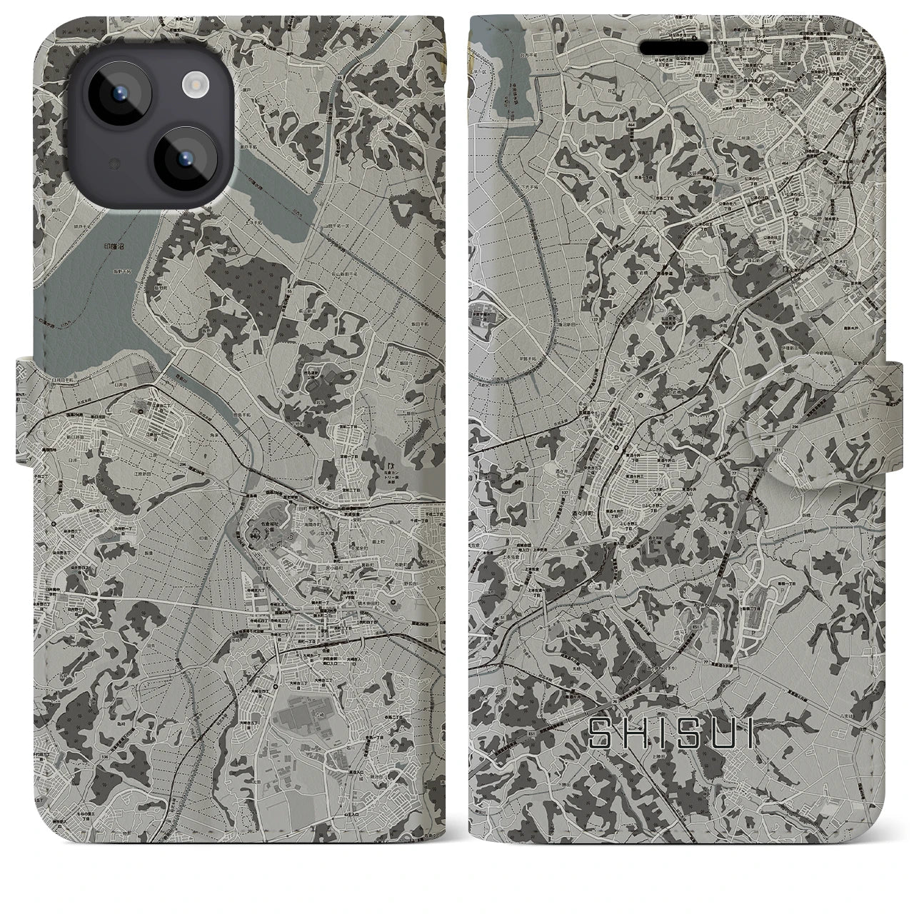 【酒々井(千葉県)】地図柄iPhoneケース(手帳タイプ)モノトーン・iPhone 14 Plus 用