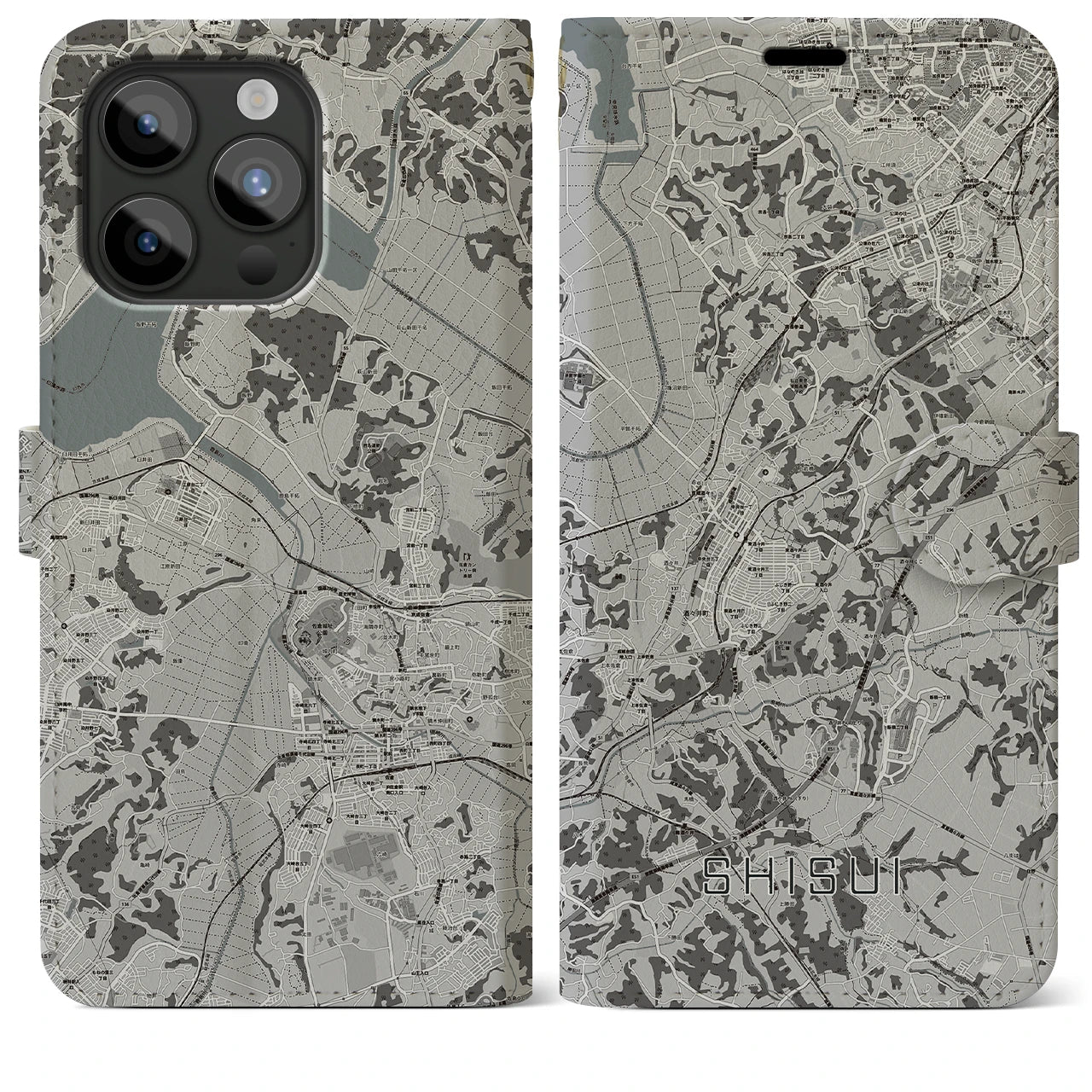 【酒々井(千葉県)】地図柄iPhoneケース(手帳タイプ)モノトーン・iPhone 15 Pro Max 用