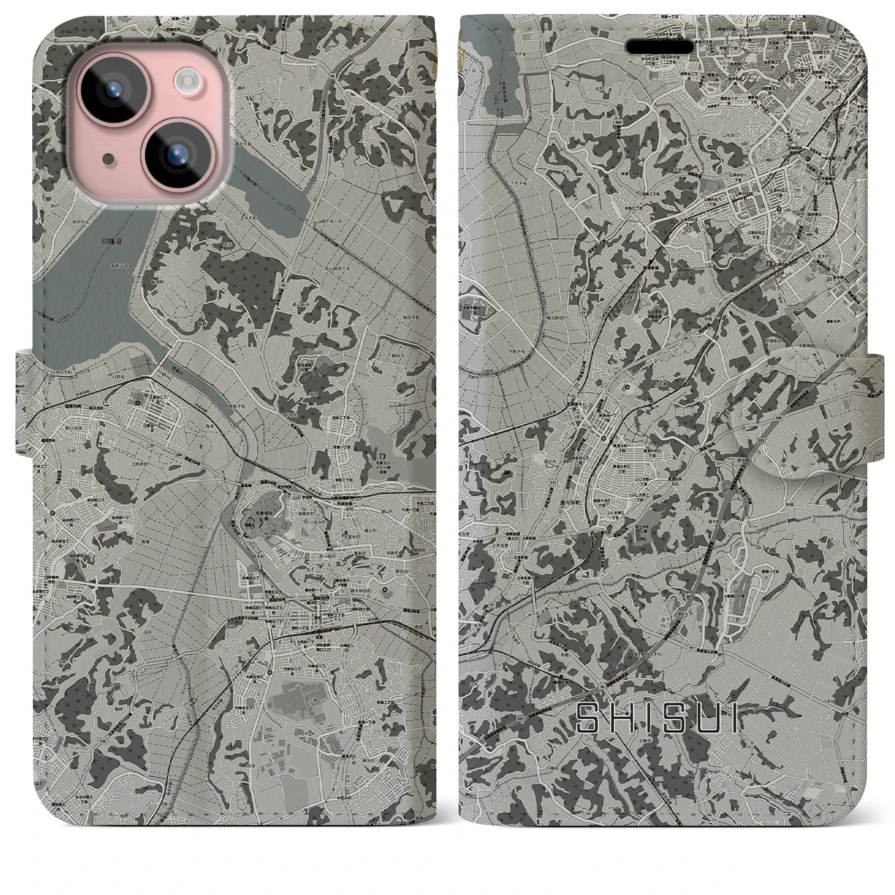 【酒々井(千葉県)】地図柄iPhoneケース(手帳タイプ)モノトーン・iPhone 15 Plus 用