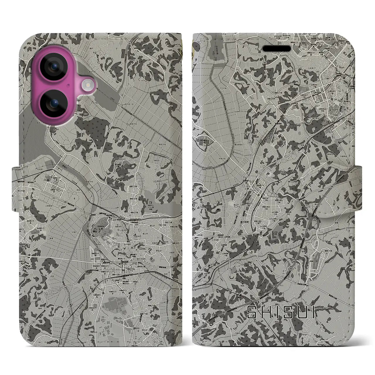【酒々井(千葉県)】地図柄iPhoneケース(手帳タイプ)モノトーン・iPhone 16 Pro 用