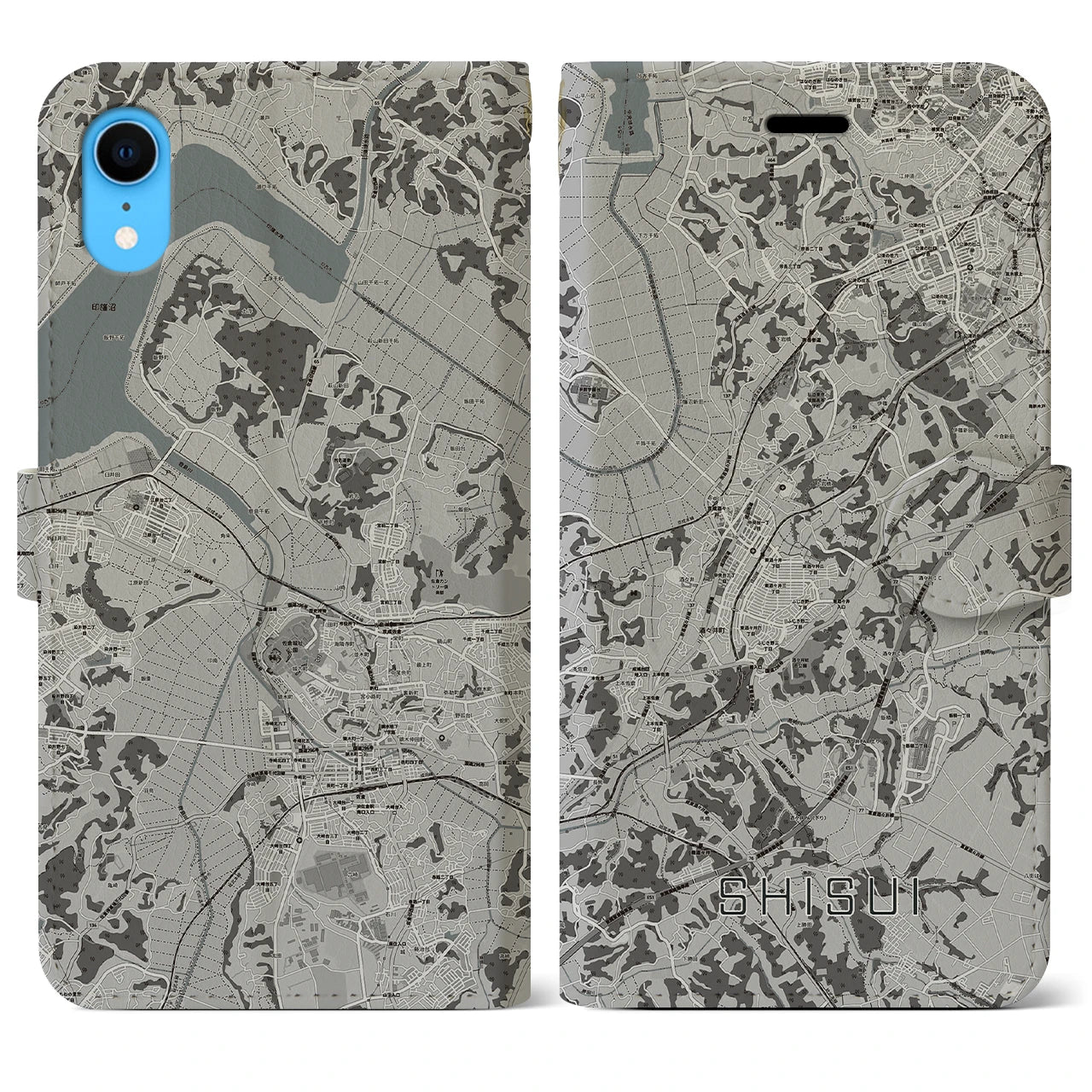 【酒々井(千葉県)】地図柄iPhoneケース(手帳タイプ)モノトーン・iPhone XR 用