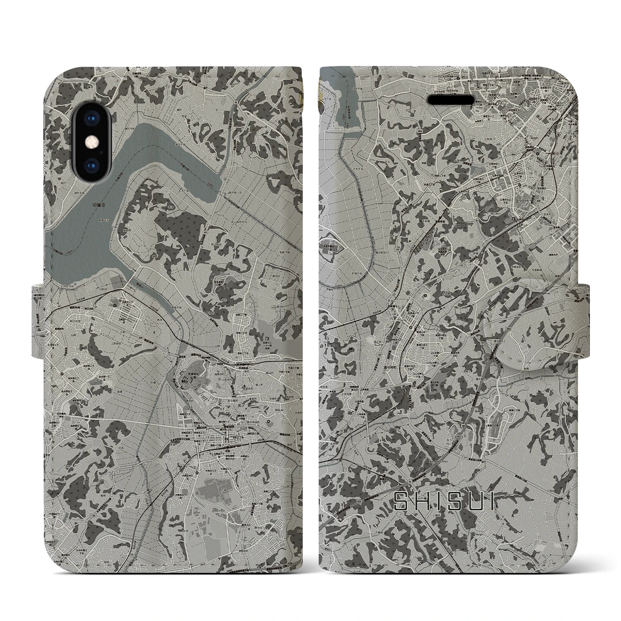 【酒々井(千葉県)】地図柄iPhoneケース(手帳タイプ)モノトーン・iPhone XS / X 用