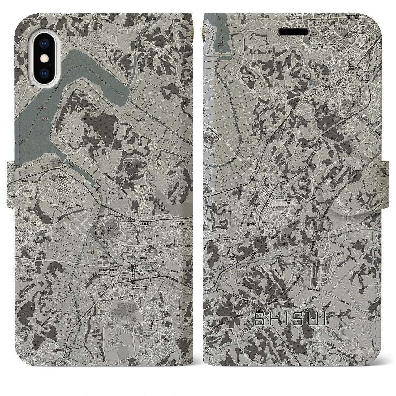 【酒々井(千葉県)】地図柄iPhoneケース(手帳タイプ)モノトーン・iPhone XS Max 用