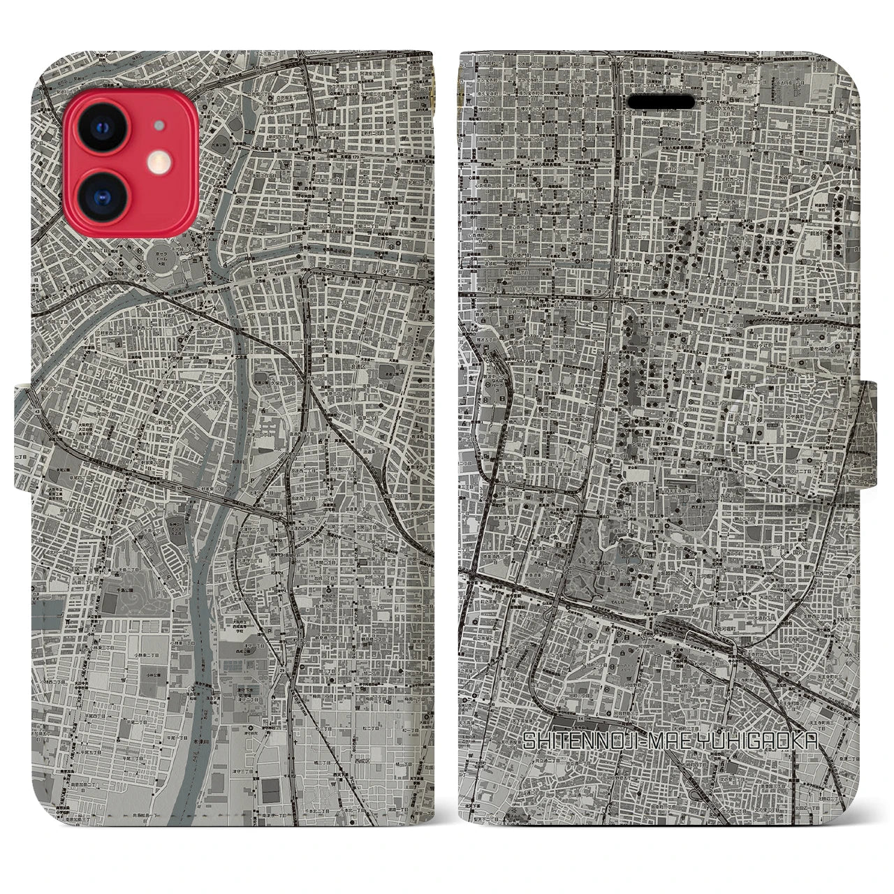 【四天王寺前夕陽ヶ丘(大阪府)】地図柄iPhoneケース(手帳タイプ)モノトーン・iPhone 11 用