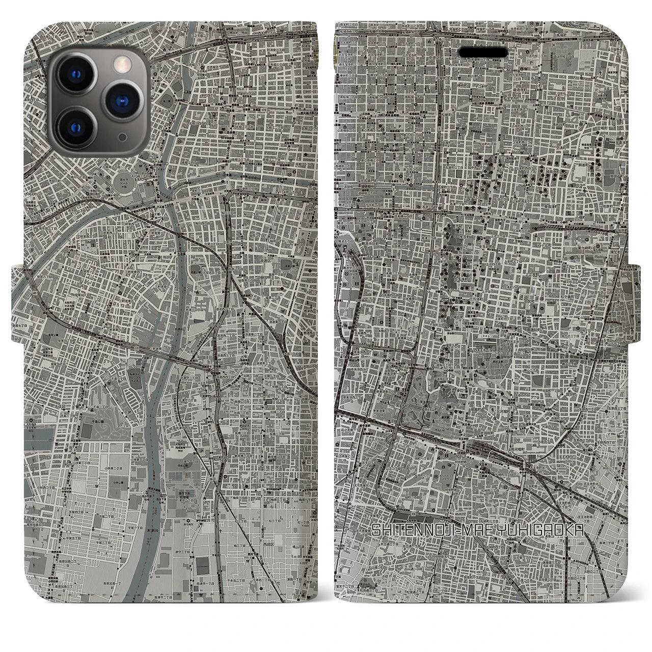 【四天王寺前夕陽ヶ丘(大阪府)】地図柄iPhoneケース(手帳タイプ)モノトーン・iPhone 11 Pro Max 用