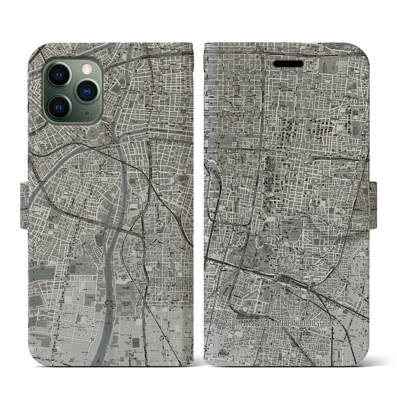 【四天王寺前夕陽ヶ丘(大阪府)】地図柄iPhoneケース(手帳タイプ)モノトーン・iPhone 11 Pro 用