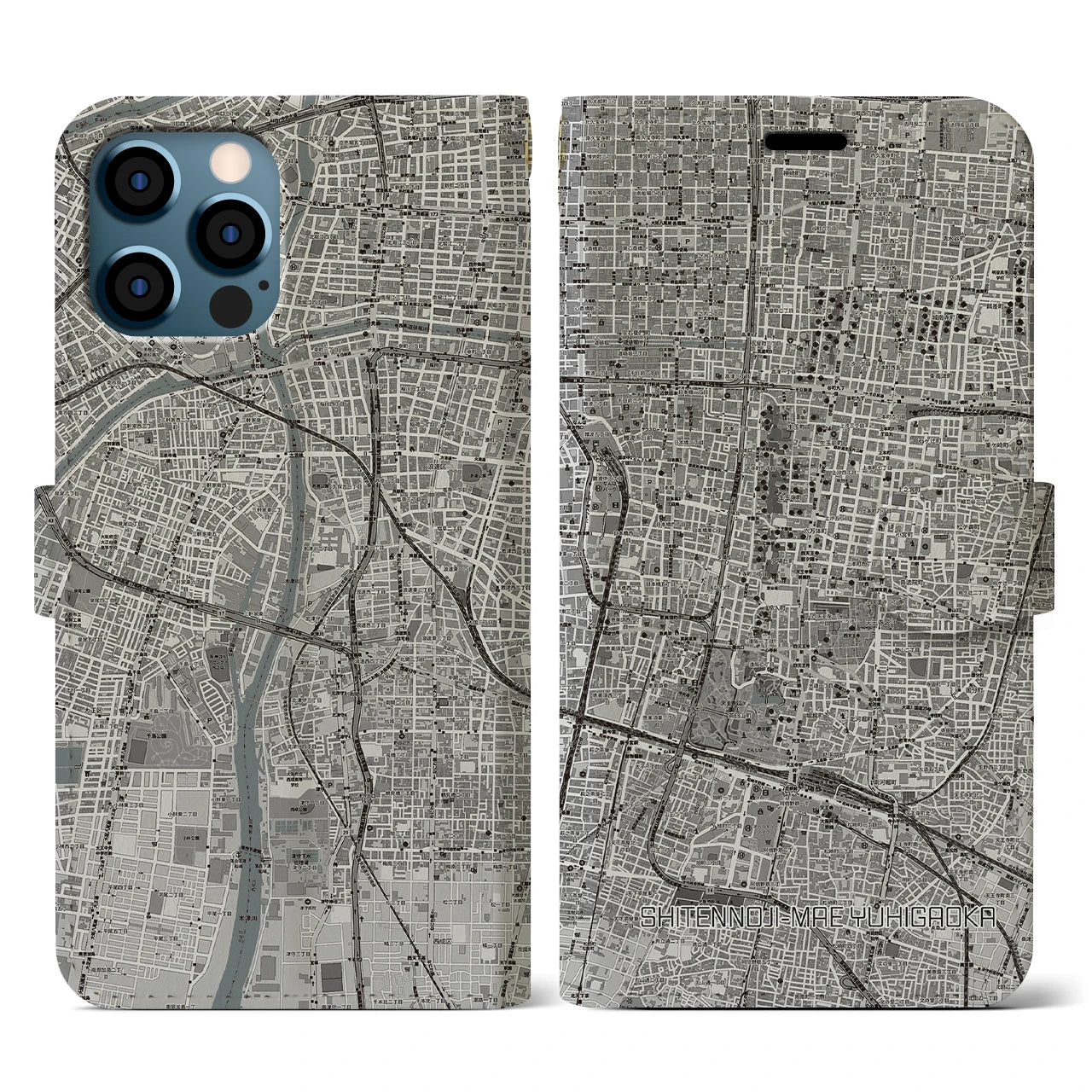 【四天王寺前夕陽ヶ丘(大阪府)】地図柄iPhoneケース(手帳タイプ)モノトーン・iPhone 12 / 12 Pro 用