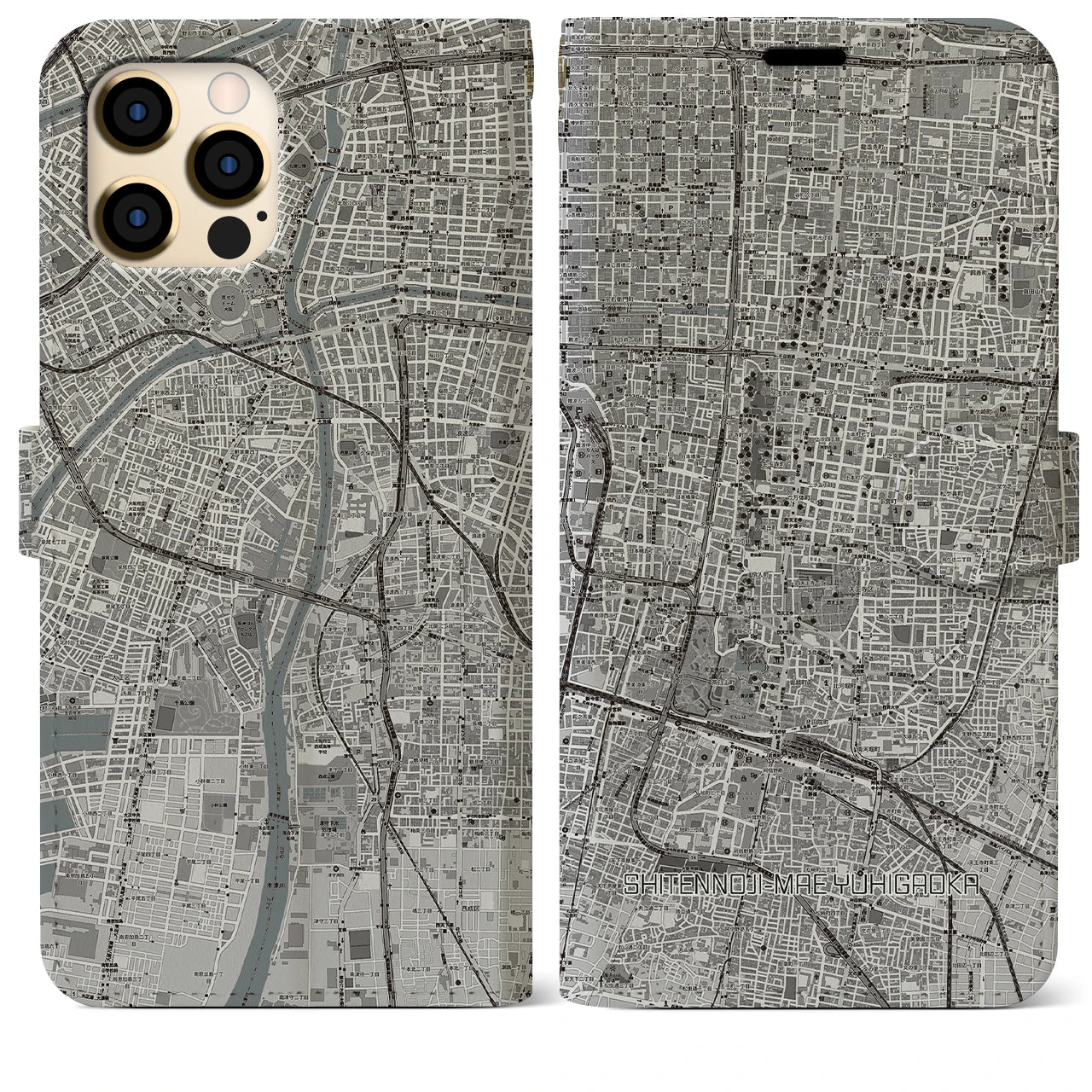 【四天王寺前夕陽ヶ丘(大阪府)】地図柄iPhoneケース(手帳タイプ)モノトーン・iPhone 12 Pro Max 用