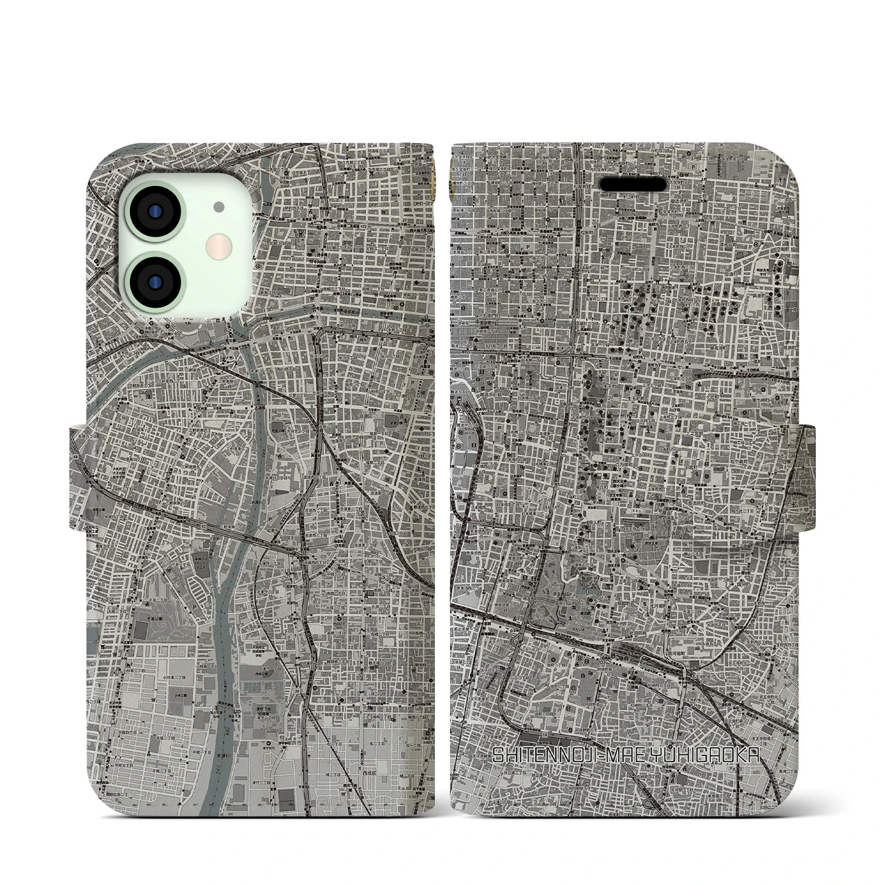 【四天王寺前夕陽ヶ丘(大阪府)】地図柄iPhoneケース(手帳タイプ)モノトーン・iPhone 12 mini 用