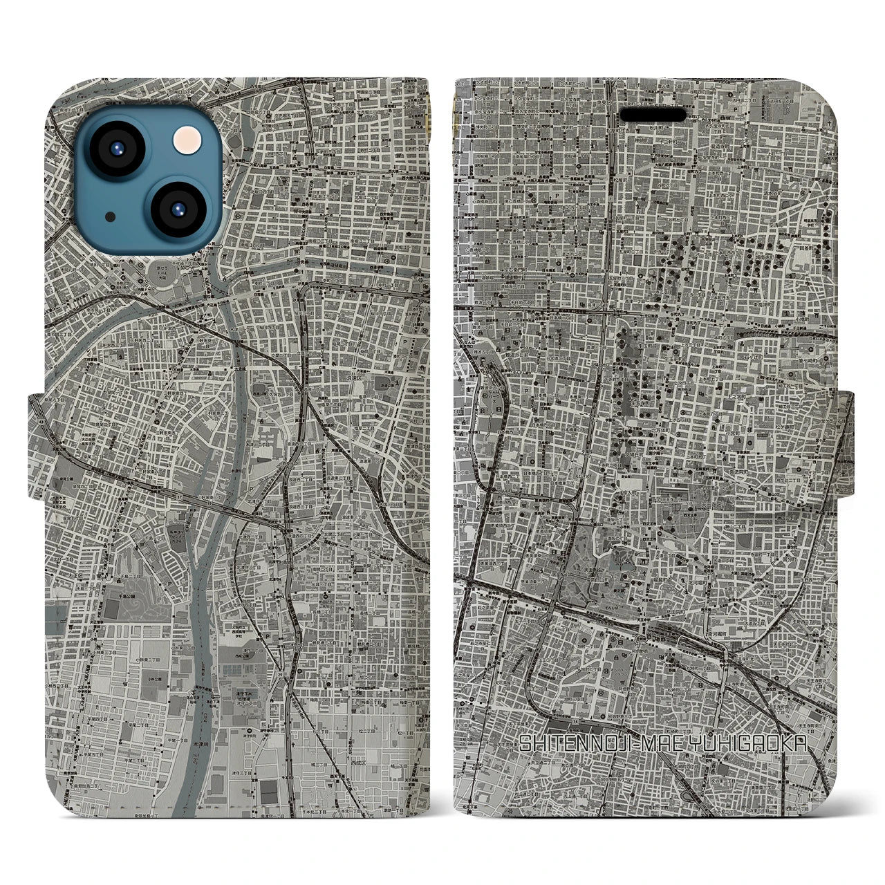 【四天王寺前夕陽ヶ丘(大阪府)】地図柄iPhoneケース(手帳タイプ)モノトーン・iPhone 13 用