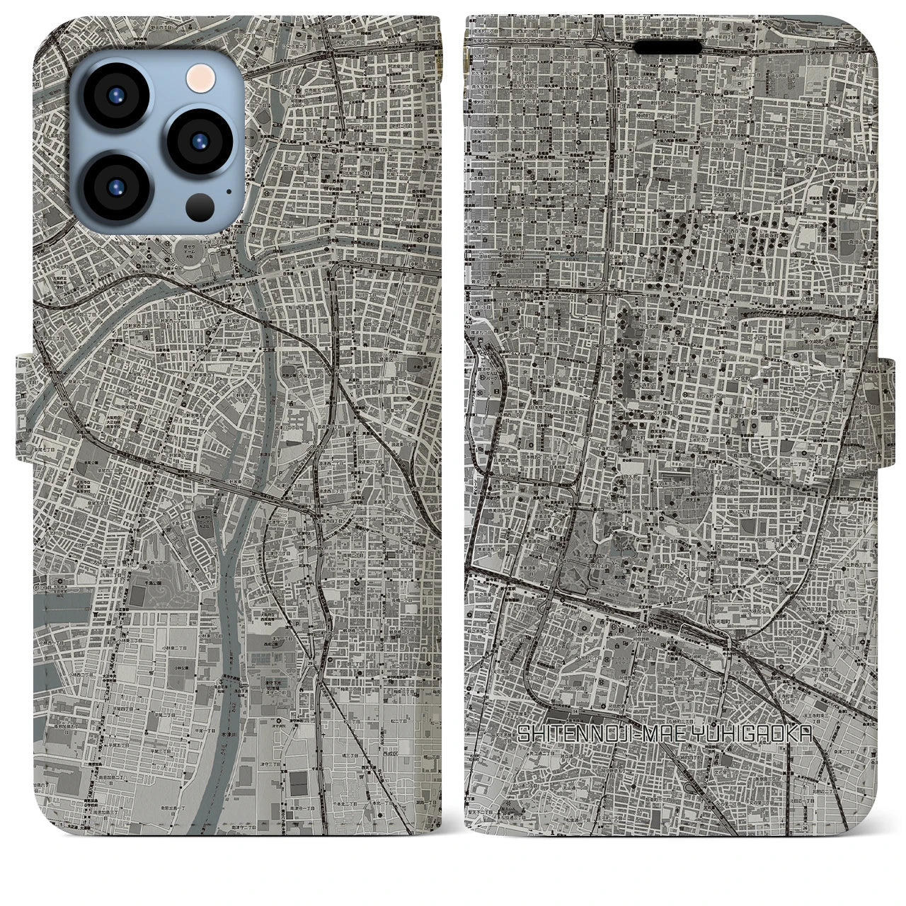 【四天王寺前夕陽ヶ丘(大阪府)】地図柄iPhoneケース(手帳タイプ)モノトーン・iPhone 13 Pro Max 用