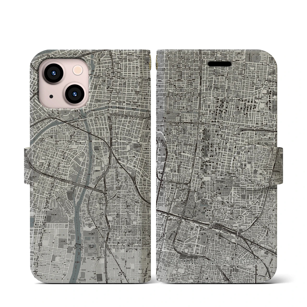 【四天王寺前夕陽ヶ丘(大阪府)】地図柄iPhoneケース(手帳タイプ)モノトーン・iPhone 13 mini 用