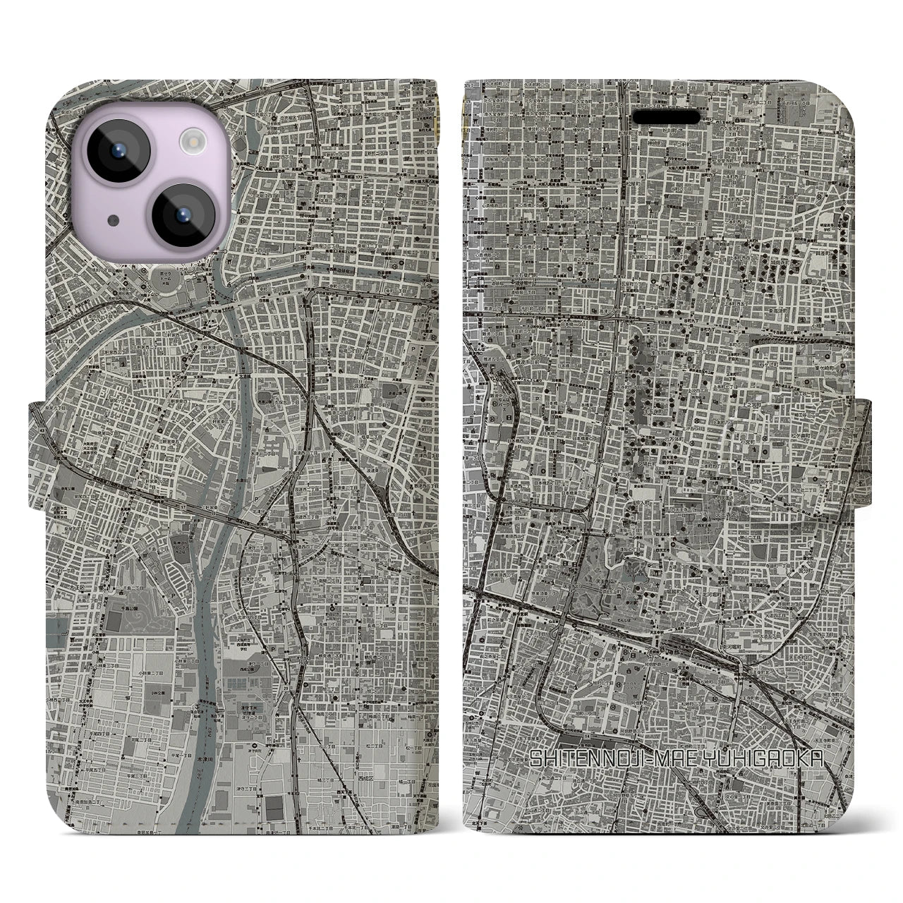 【四天王寺前夕陽ヶ丘(大阪府)】地図柄iPhoneケース(手帳タイプ)モノトーン・iPhone 14 用