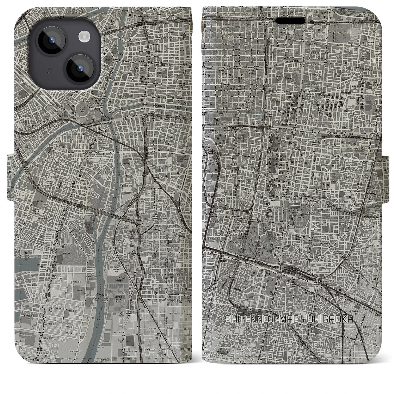 【四天王寺前夕陽ヶ丘(大阪府)】地図柄iPhoneケース(手帳タイプ)モノトーン・iPhone 14 Plus 用