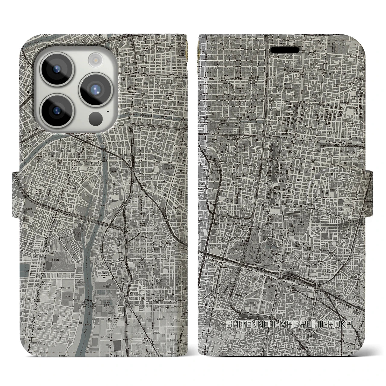 【四天王寺前夕陽ヶ丘(大阪府)】地図柄iPhoneケース(手帳タイプ)モノトーン・iPhone 15 Pro 用