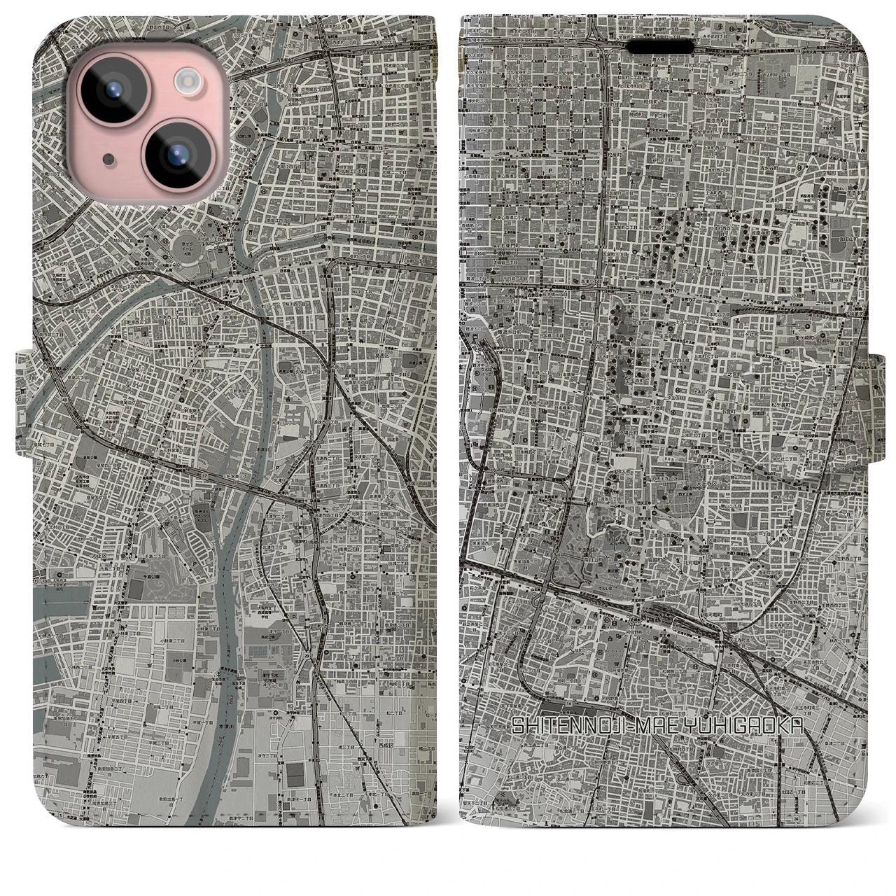 【四天王寺前夕陽ヶ丘(大阪府)】地図柄iPhoneケース(手帳タイプ)モノトーン・iPhone 15 Plus 用