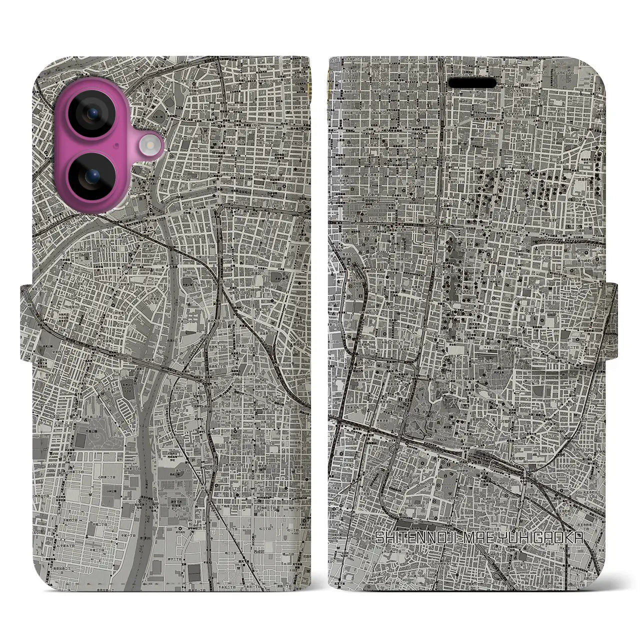 【四天王寺前夕陽ヶ丘(大阪府)】地図柄iPhoneケース(手帳タイプ)モノトーン・iPhone 16 Pro 用