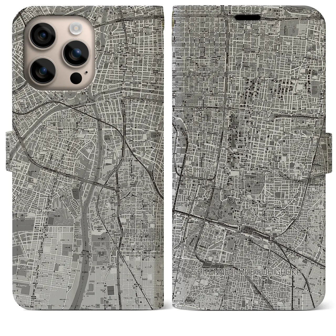 【四天王寺前夕陽ヶ丘(大阪府)】地図柄iPhoneケース(手帳タイプ)モノトーン・iPhone 16 Plus 用