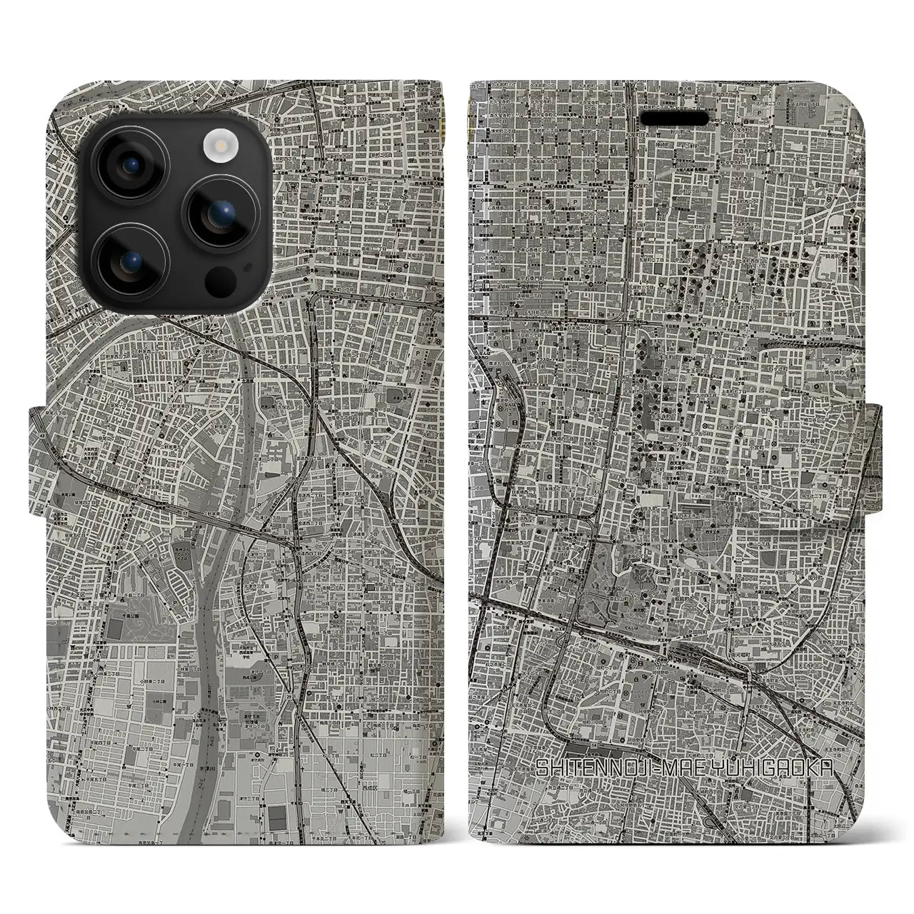 【四天王寺前夕陽ヶ丘(大阪府)】地図柄iPhoneケース(手帳タイプ)モノトーン・iPhone 16 用