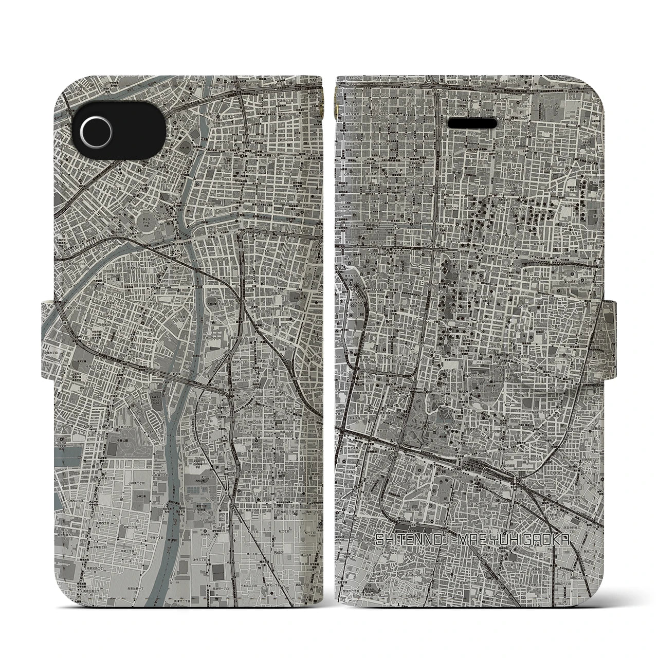 【四天王寺前夕陽ヶ丘(大阪府)】地図柄iPhoneケース(手帳タイプ)モノトーン・iPhone SE(第3 / 第2世代) / 8 / 7 / 6s / 6 用