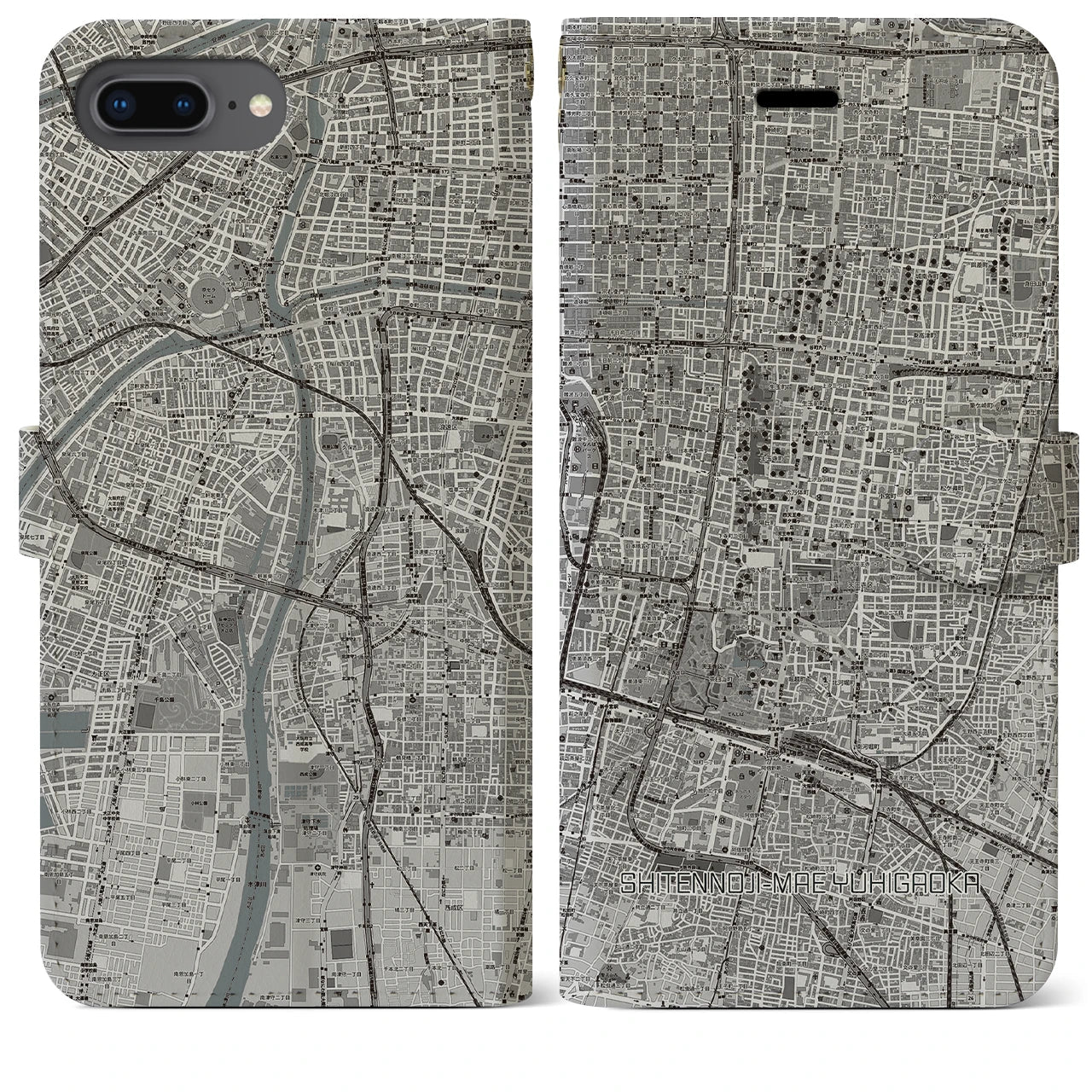 【四天王寺前夕陽ヶ丘(大阪府)】地図柄iPhoneケース(手帳タイプ)モノトーン・iPhone 8Plus /7Plus / 6sPlus / 6Plus 用