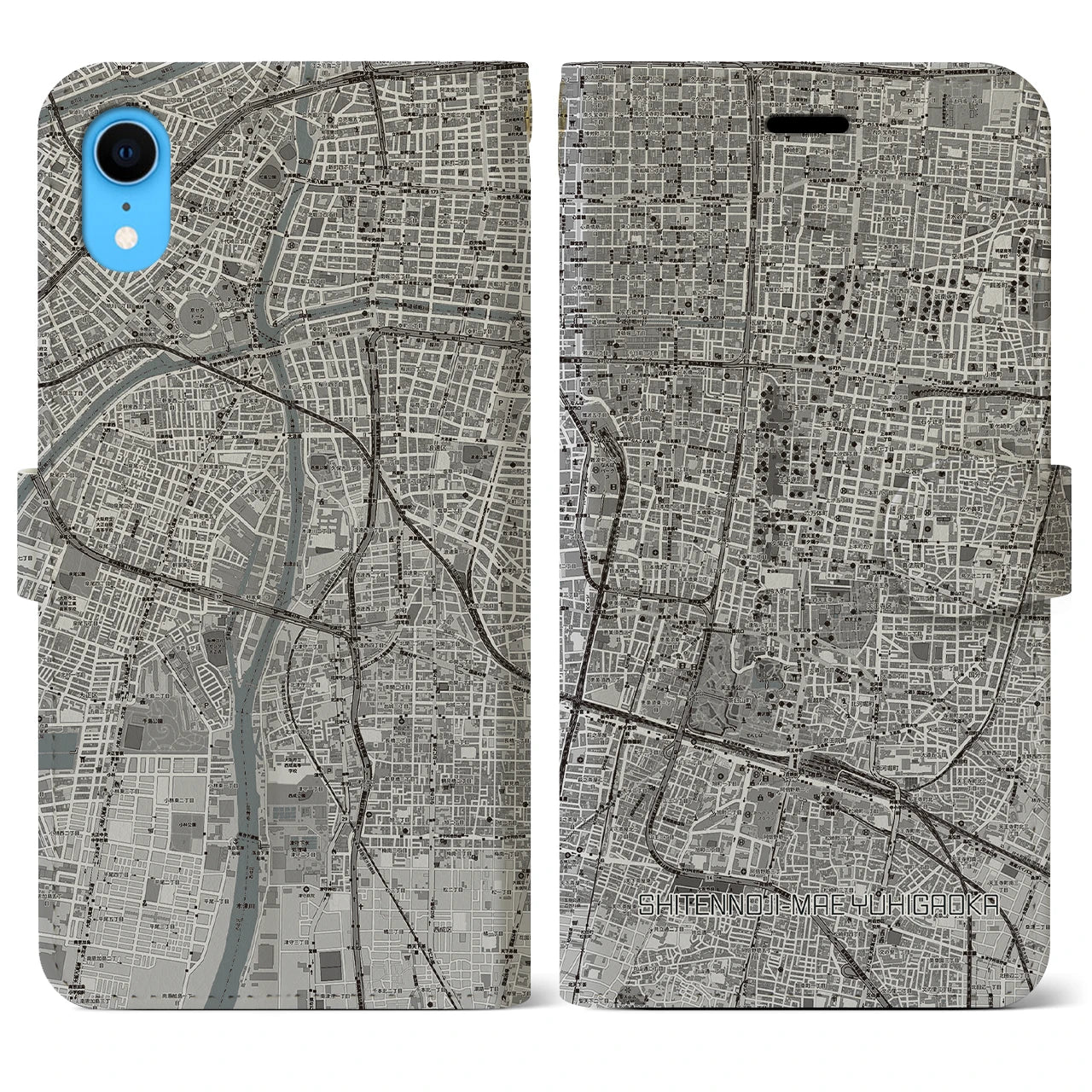 【四天王寺前夕陽ヶ丘(大阪府)】地図柄iPhoneケース(手帳タイプ)モノトーン・iPhone XR 用