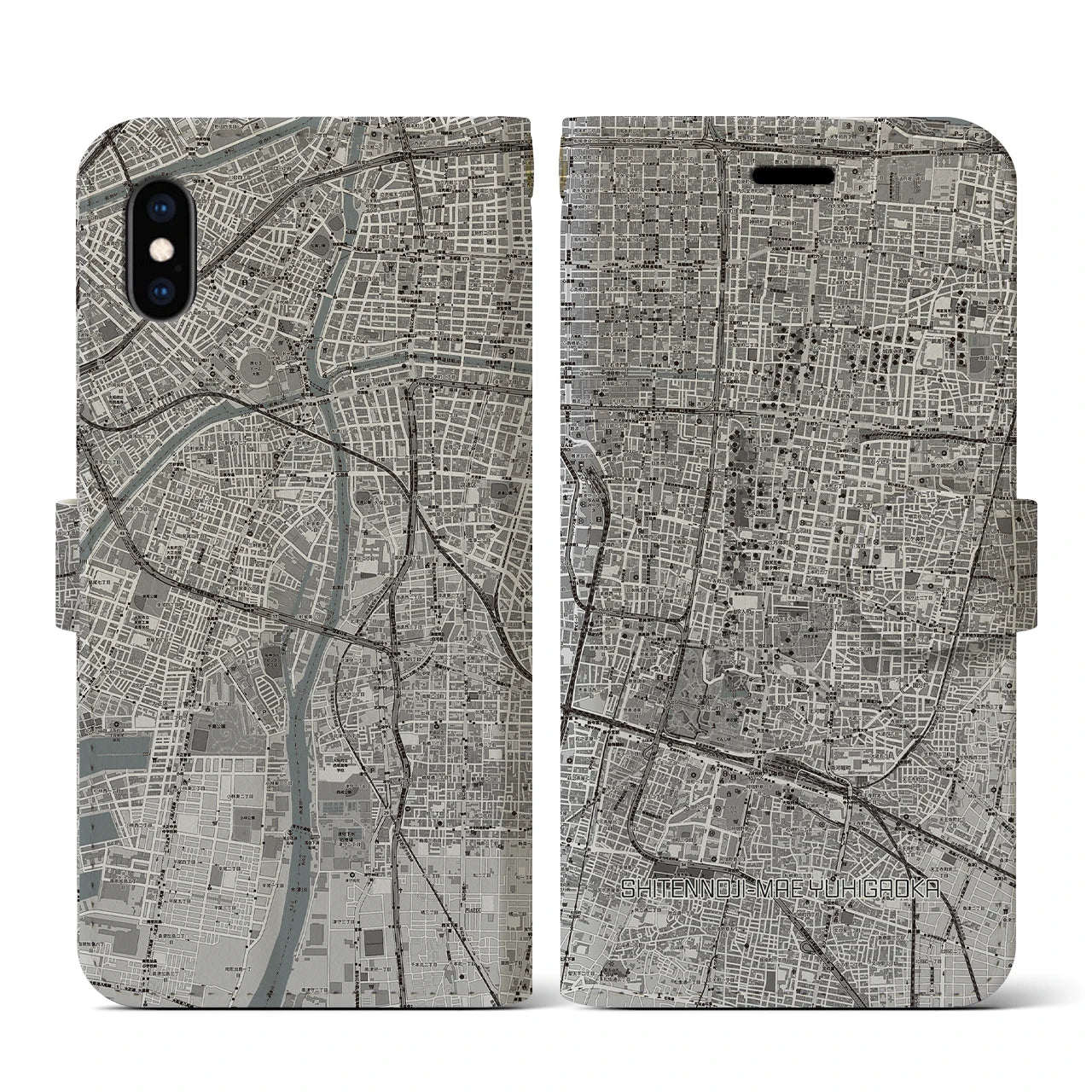 【四天王寺前夕陽ヶ丘(大阪府)】地図柄iPhoneケース(手帳タイプ)モノトーン・iPhone XS / X 用