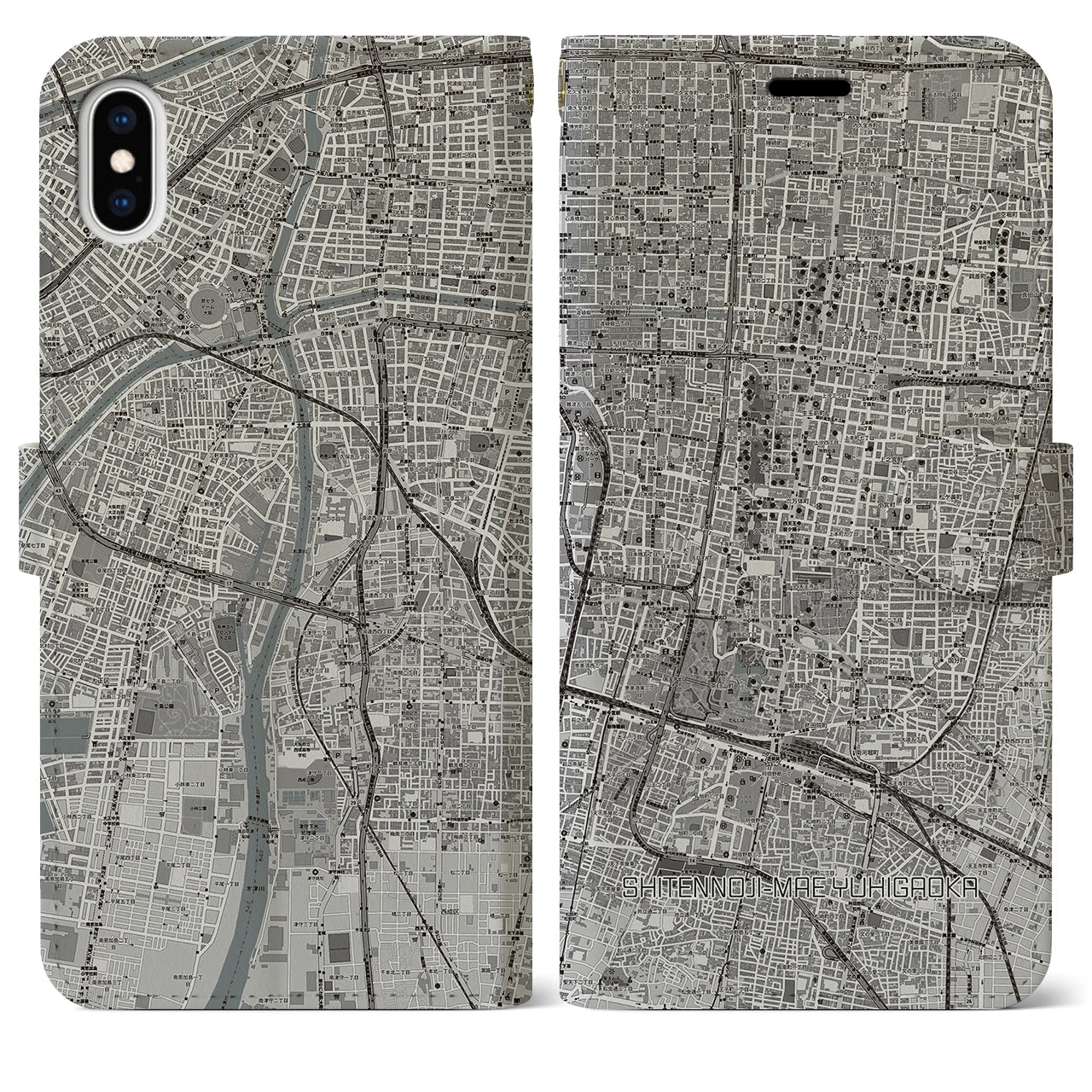 【四天王寺前夕陽ヶ丘(大阪府)】地図柄iPhoneケース(手帳タイプ)モノトーン・iPhone XS Max 用