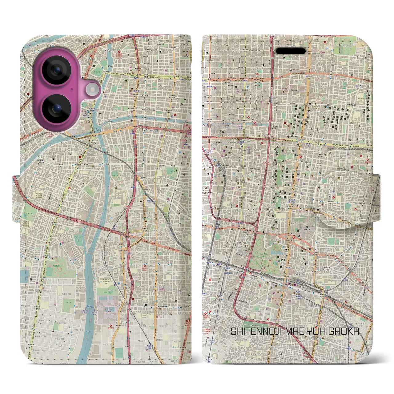 【四天王寺前夕陽ヶ丘(大阪府)】地図柄iPhoneケース(手帳タイプ)ナチュラル・iPhone 16 Pro 用