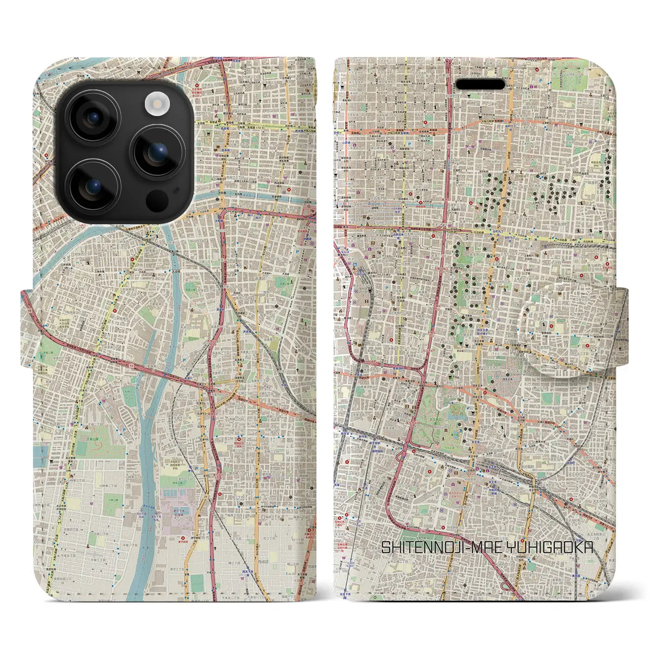 【四天王寺前夕陽ヶ丘(大阪府)】地図柄iPhoneケース(手帳タイプ)ナチュラル・iPhone 16 用