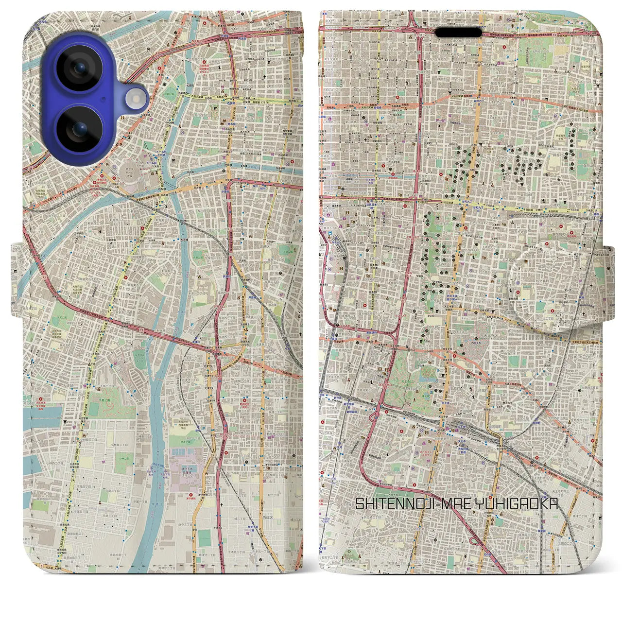 【四天王寺前夕陽ヶ丘(大阪府)】地図柄iPhoneケース(手帳タイプ)ナチュラル・iPhone 16 Pro Max 用