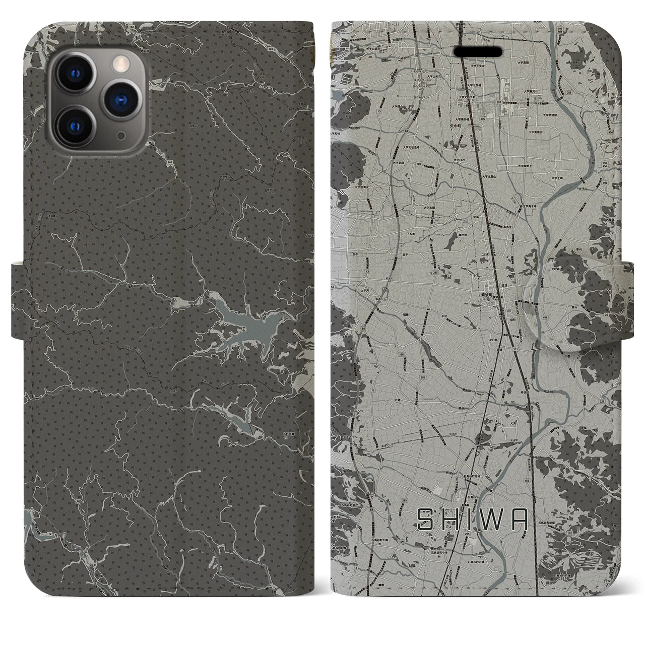【紫波(岩手県)】地図柄iPhoneケース(手帳タイプ)モノトーン・iPhone 11 Pro Max 用