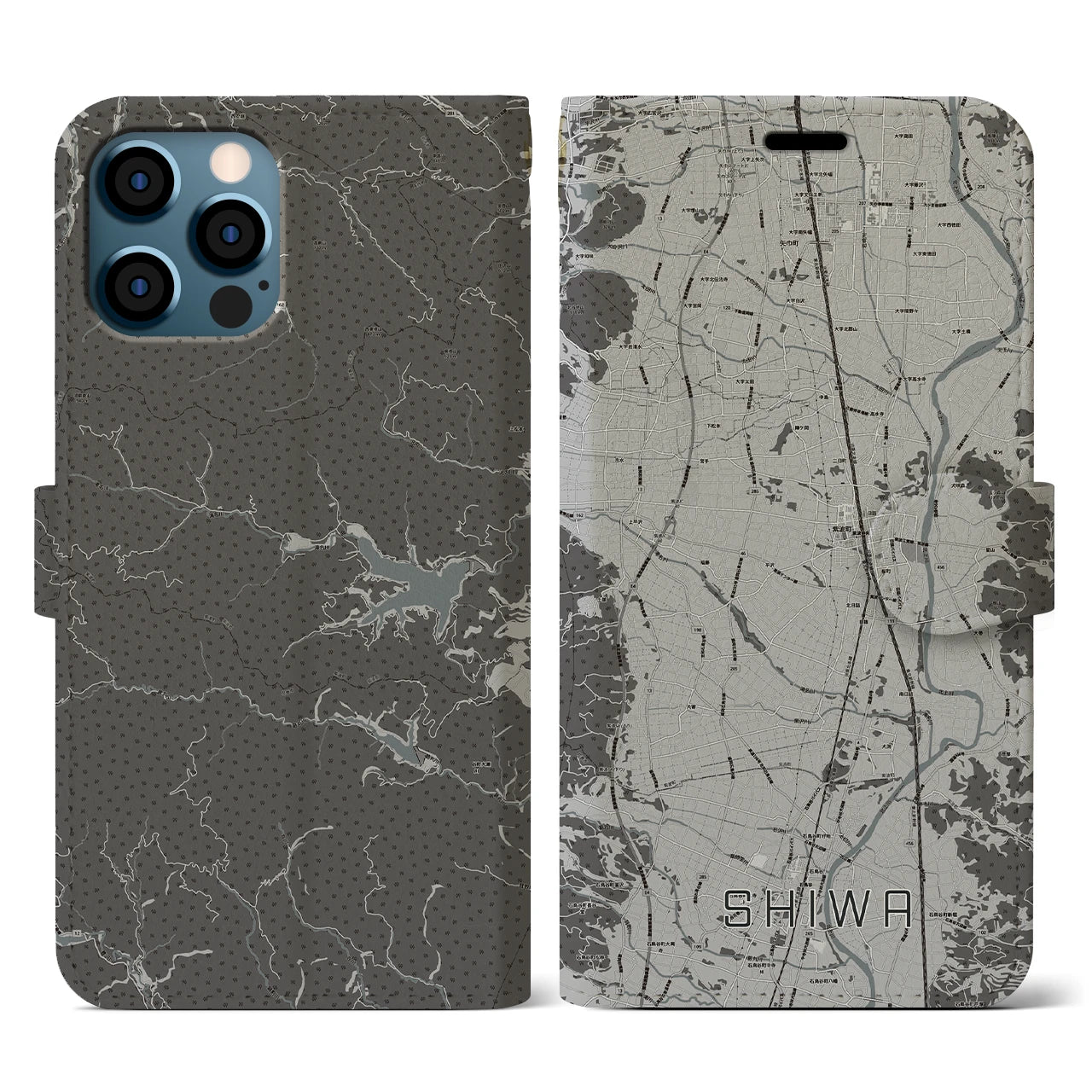 【紫波(岩手県)】地図柄iPhoneケース(手帳タイプ)モノトーン・iPhone 12 / 12 Pro 用