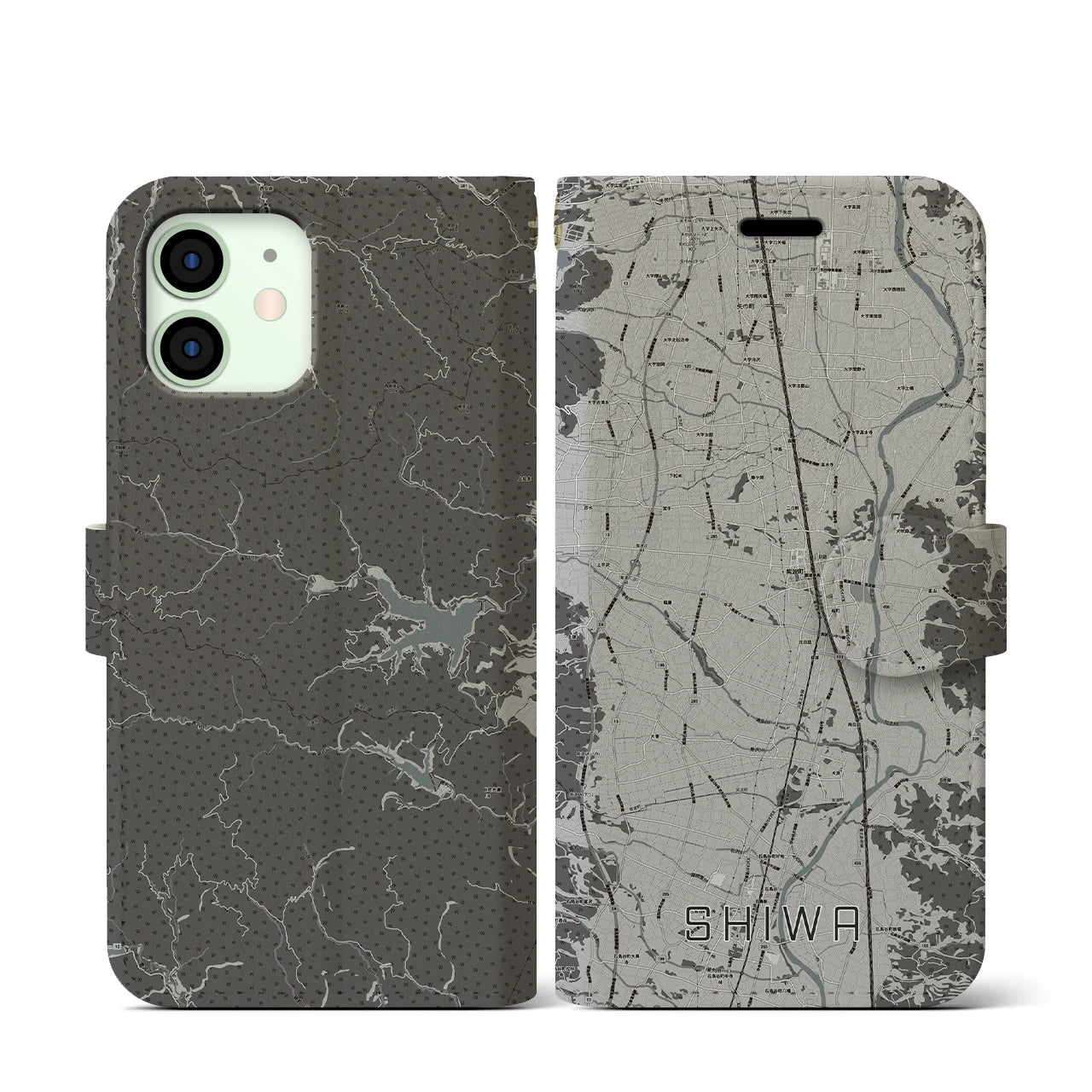 【紫波(岩手県)】地図柄iPhoneケース(手帳タイプ)モノトーン・iPhone 12 mini 用