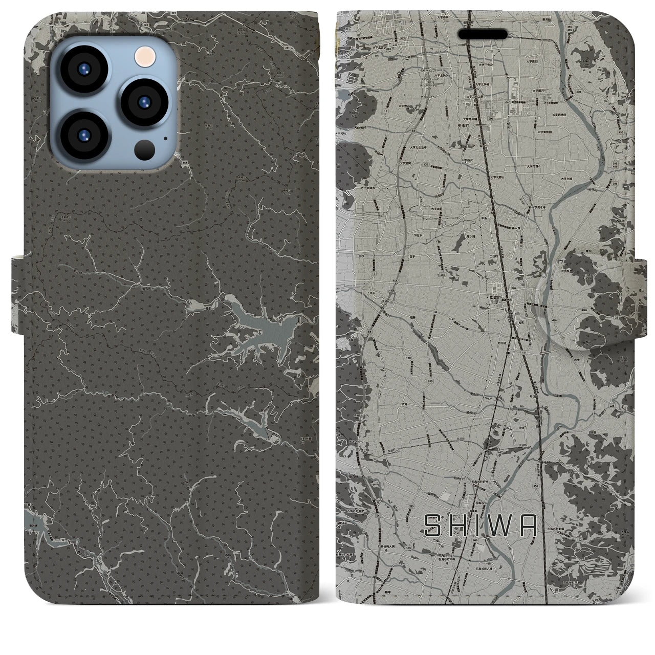 【紫波(岩手県)】地図柄iPhoneケース(手帳タイプ)モノトーン・iPhone 13 Pro Max 用
