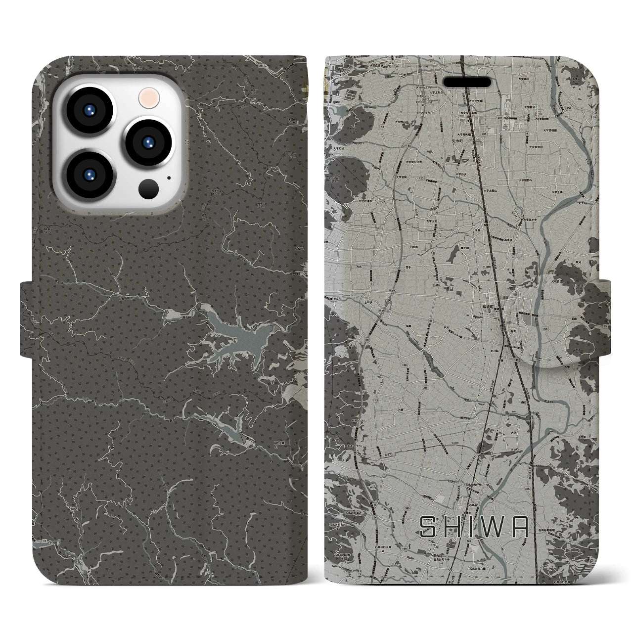 【紫波(岩手県)】地図柄iPhoneケース(手帳タイプ)モノトーン・iPhone 13 Pro 用