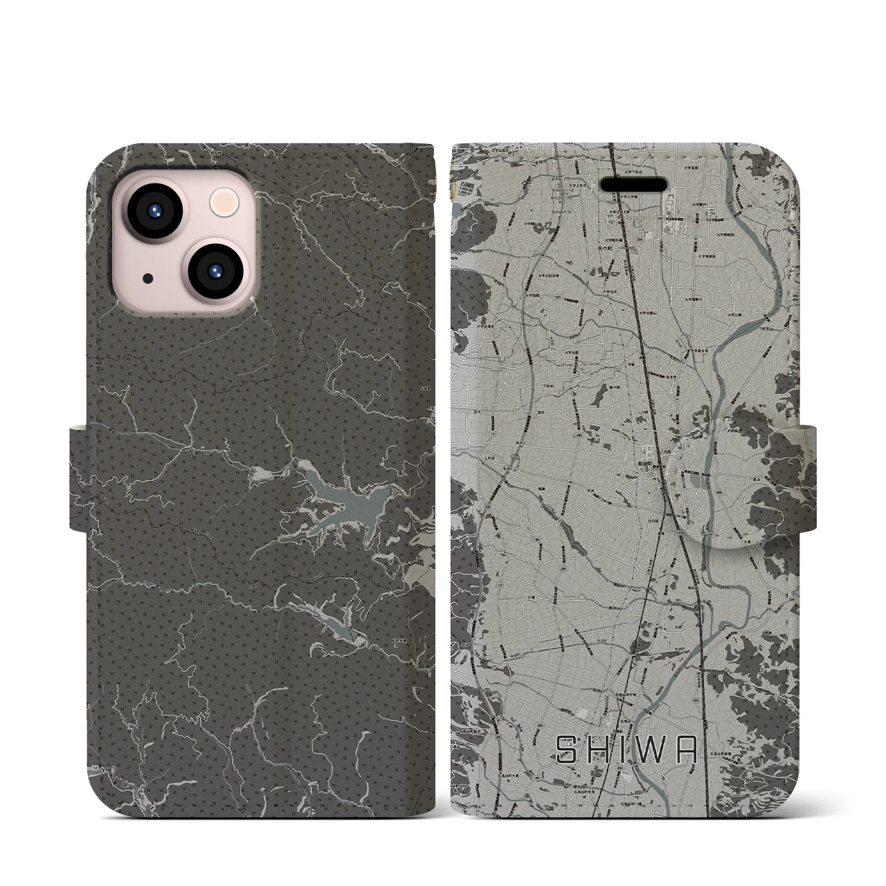 【紫波(岩手県)】地図柄iPhoneケース(手帳タイプ)モノトーン・iPhone 13 mini 用