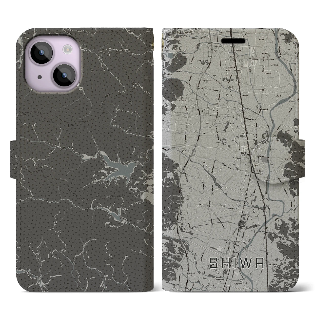 【紫波(岩手県)】地図柄iPhoneケース(手帳タイプ)モノトーン・iPhone 14 用