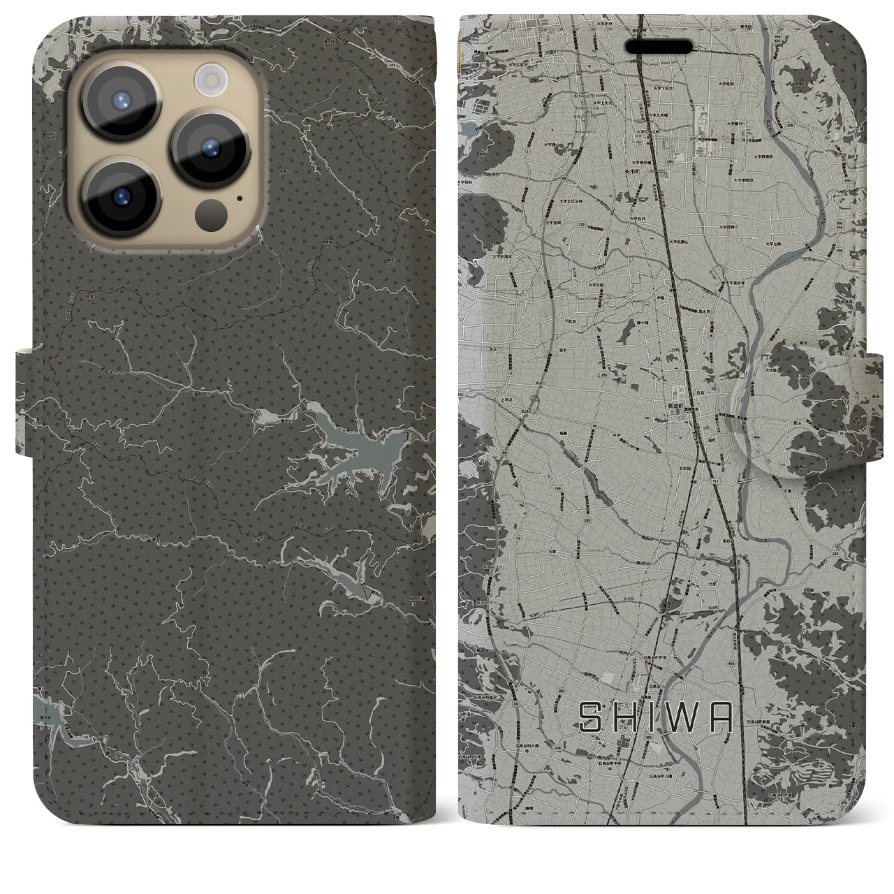 【紫波(岩手県)】地図柄iPhoneケース(手帳タイプ)モノトーン・iPhone 14 Pro Max 用