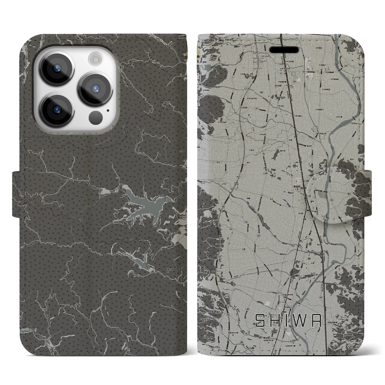 【紫波(岩手県)】地図柄iPhoneケース(手帳タイプ)モノトーン・iPhone 14 Pro 用
