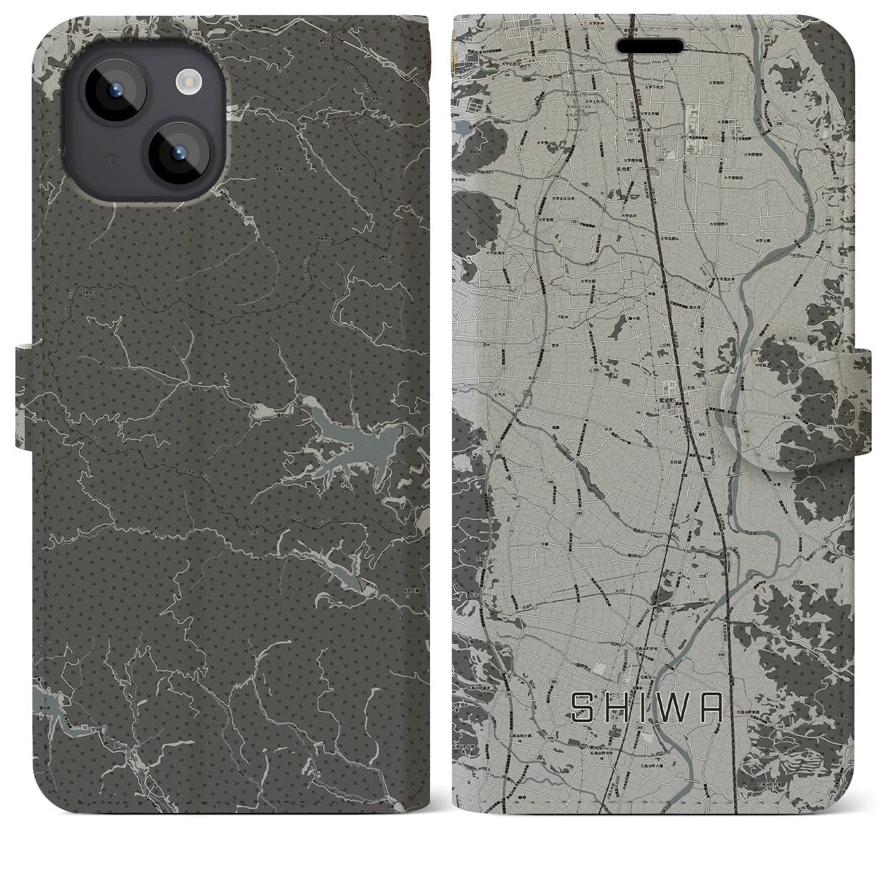 【紫波(岩手県)】地図柄iPhoneケース(手帳タイプ)モノトーン・iPhone 14 Plus 用