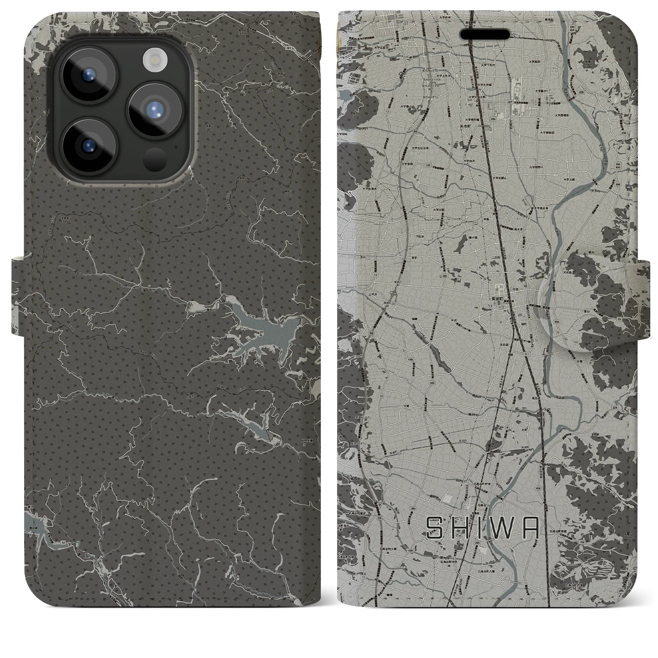【紫波(岩手県)】地図柄iPhoneケース(手帳タイプ)モノトーン・iPhone 15 Pro Max 用