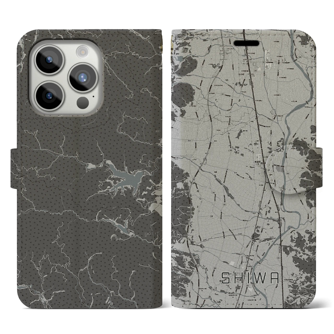 【紫波(岩手県)】地図柄iPhoneケース(手帳タイプ)モノトーン・iPhone 15 Pro 用