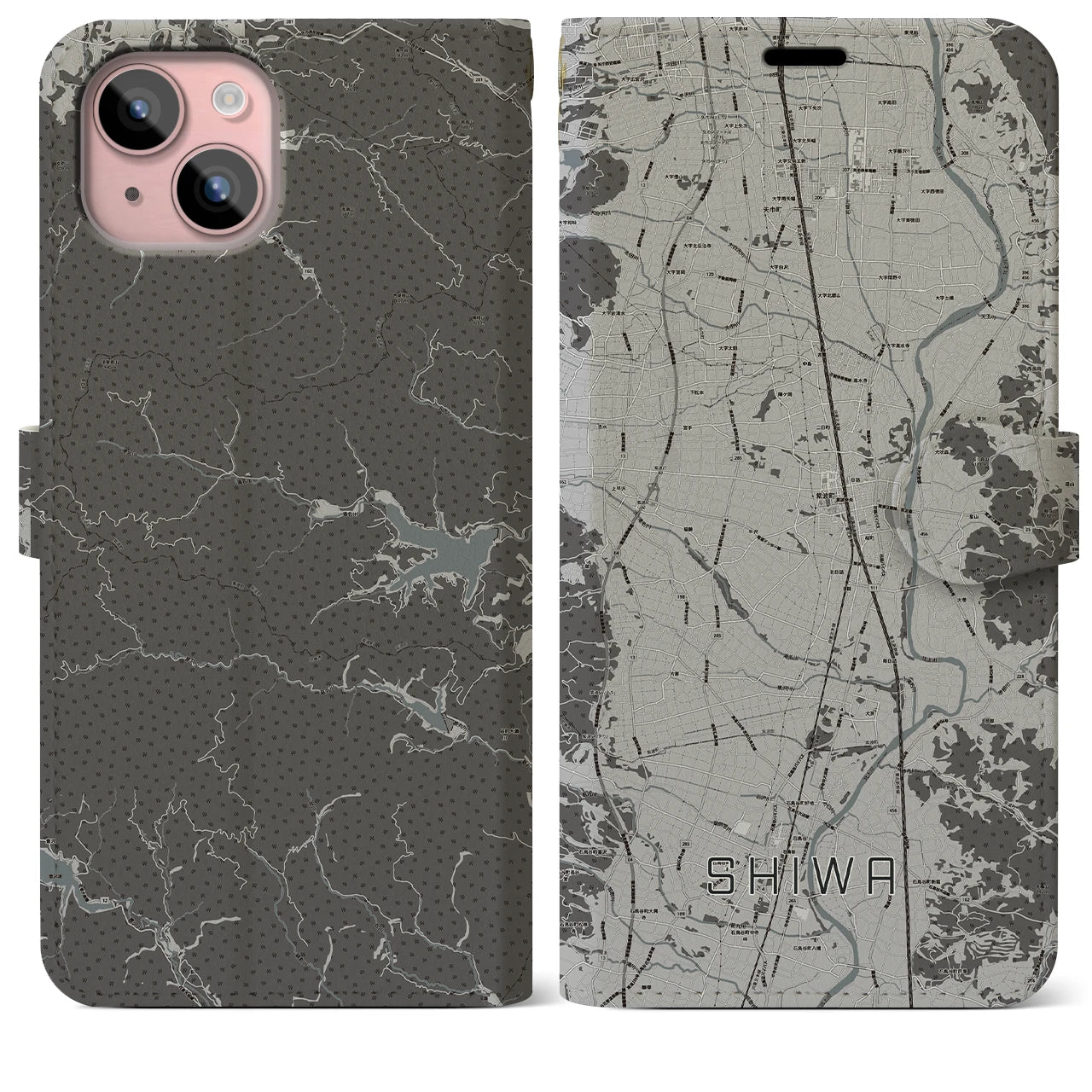 【紫波(岩手県)】地図柄iPhoneケース(手帳タイプ)モノトーン・iPhone 15 Plus 用