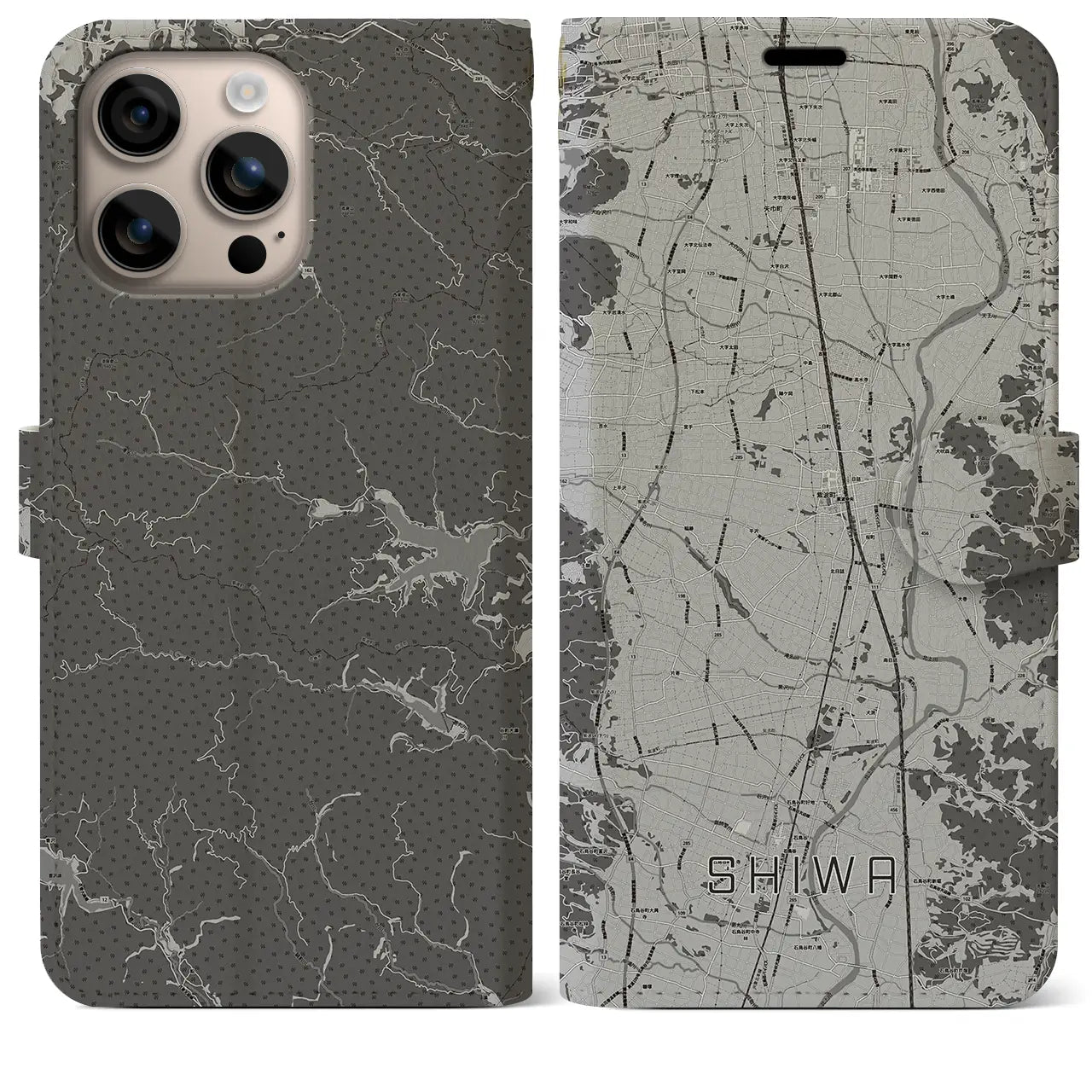 【紫波(岩手県)】地図柄iPhoneケース(手帳タイプ)モノトーン・iPhone 16 Plus 用