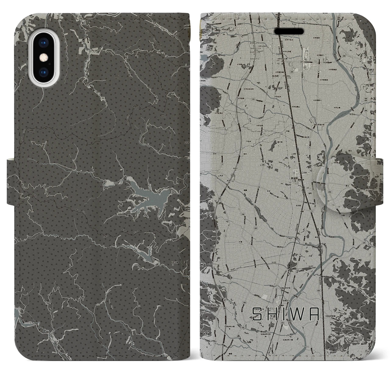 【紫波(岩手県)】地図柄iPhoneケース(手帳タイプ)モノトーン・iPhone XS Max 用