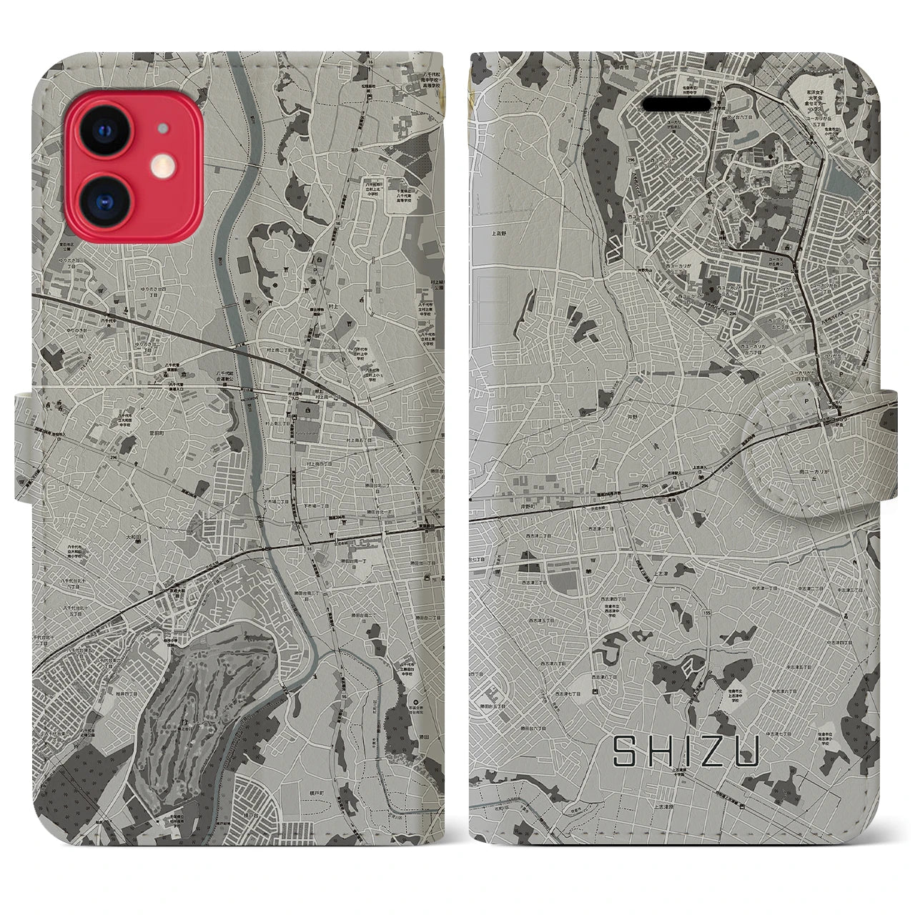 【志津(千葉県)】地図柄iPhoneケース(手帳タイプ)モノトーン・iPhone 11 用