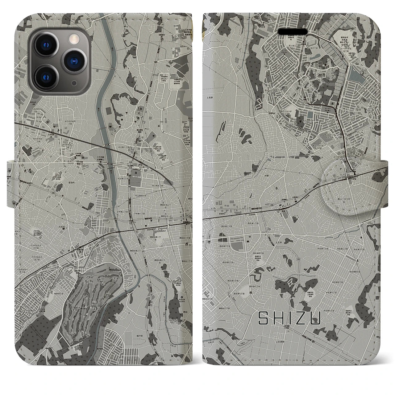 【志津(千葉県)】地図柄iPhoneケース(手帳タイプ)モノトーン・iPhone 11 Pro Max 用