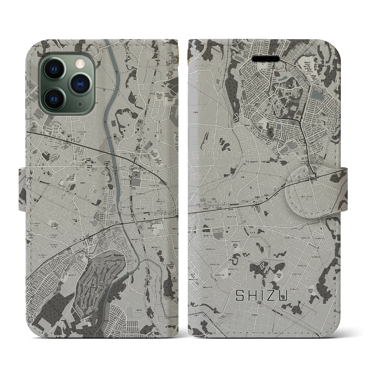 【志津(千葉県)】地図柄iPhoneケース(手帳タイプ)モノトーン・iPhone 11 Pro 用