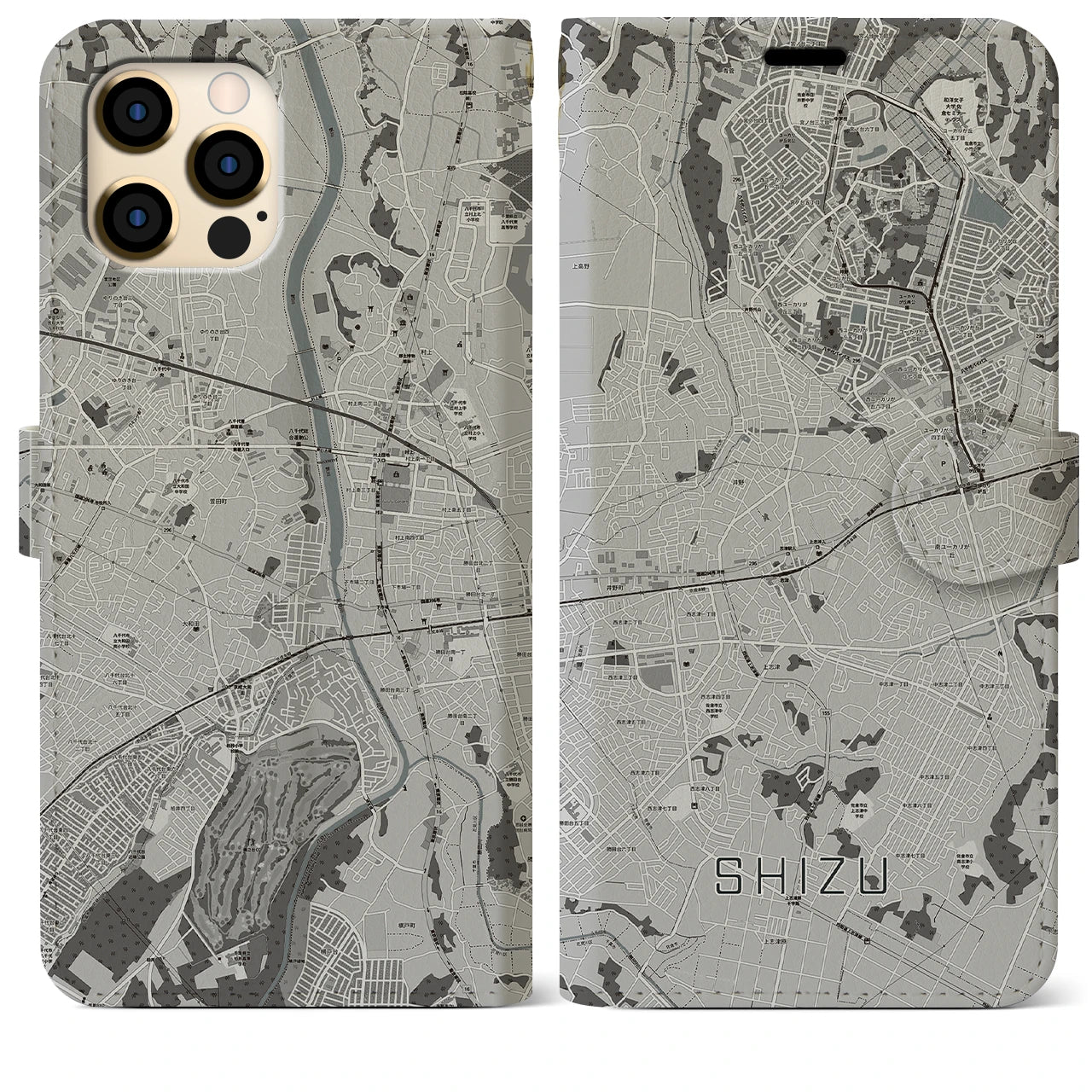 【志津(千葉県)】地図柄iPhoneケース(手帳タイプ)モノトーン・iPhone 12 Pro Max 用